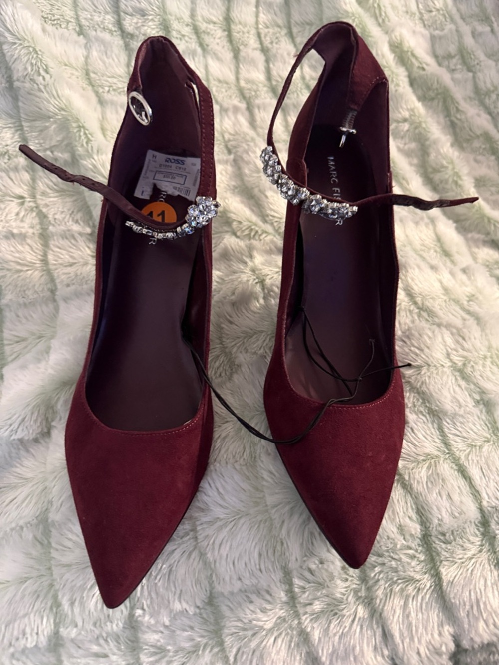 Marc Fisher Wine Suede Pointed Toe Crystal Ankle-Strap Pumps